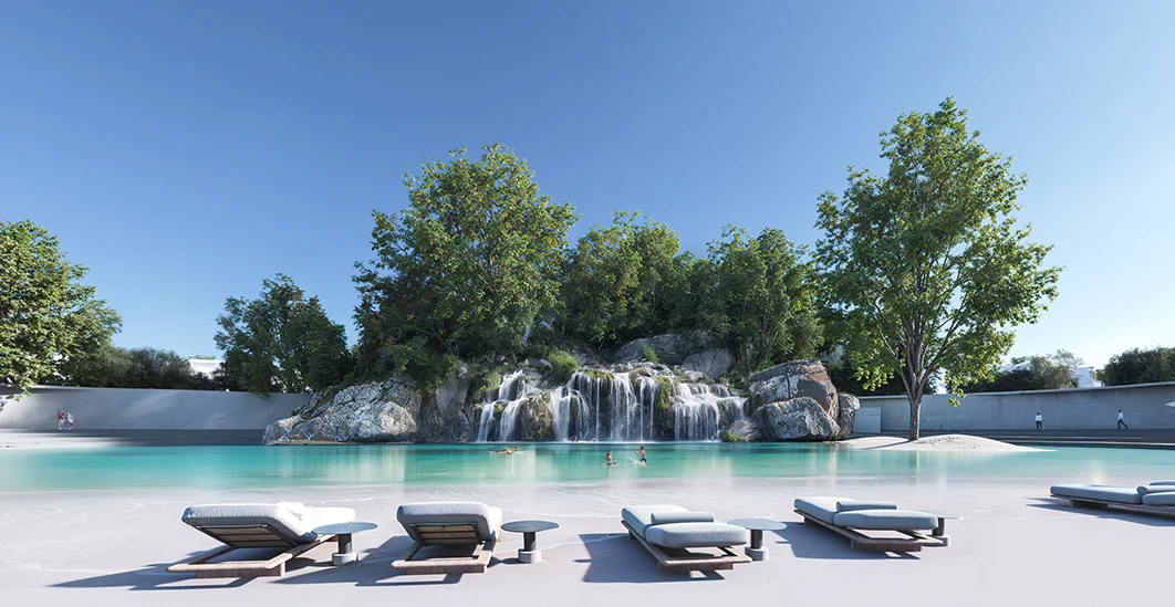 Masaar 3 swimmable forest lagoon with landscaped waterfall